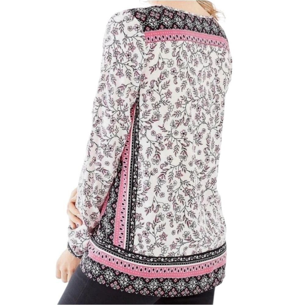 J. Jill Women Tunic Blouse Top Neck Floral White Pink Long Sleeve Size M - Picture 4 of 13